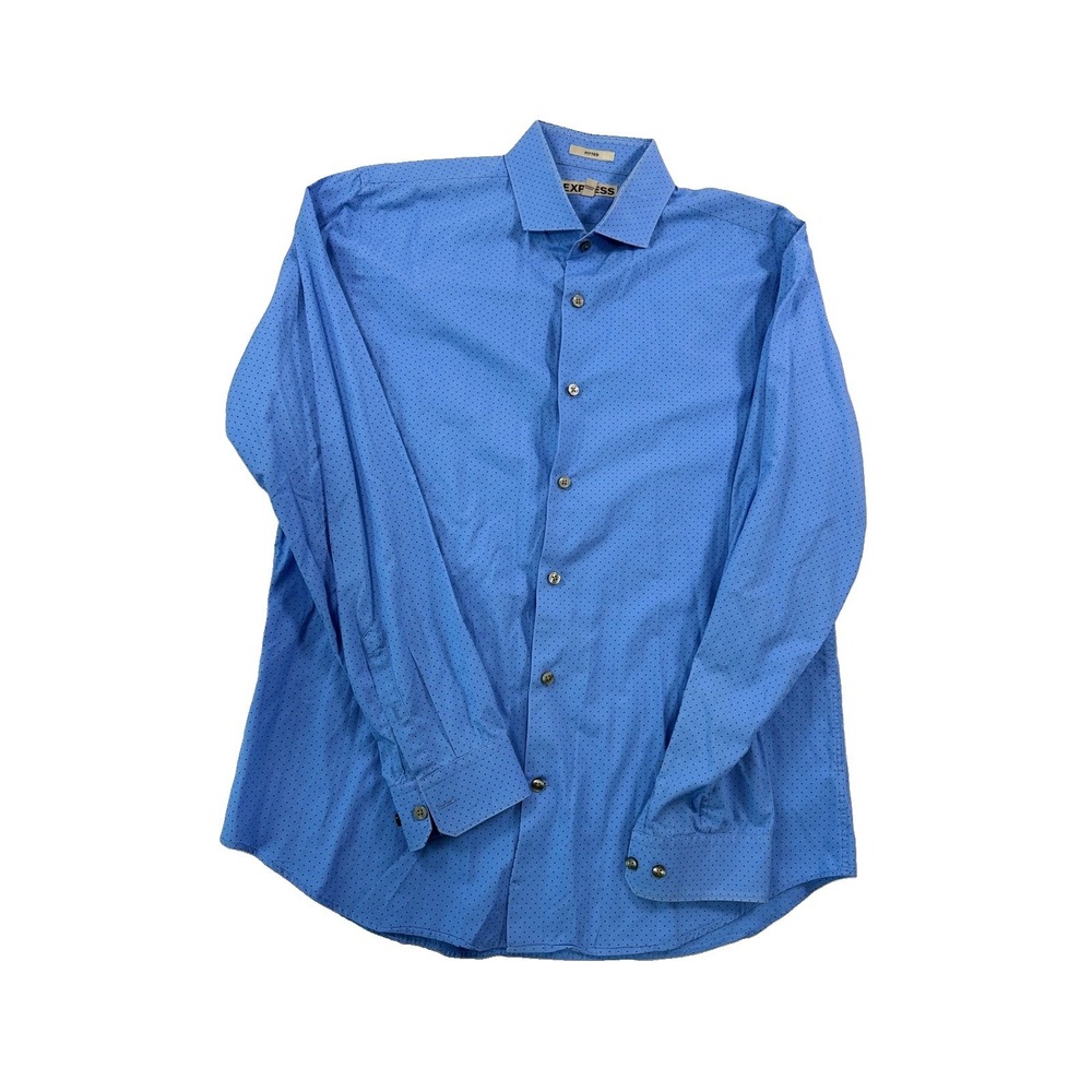 Express Mens Button Down Shirt Large Blue Micro Dots Fitted Preppy Crisp